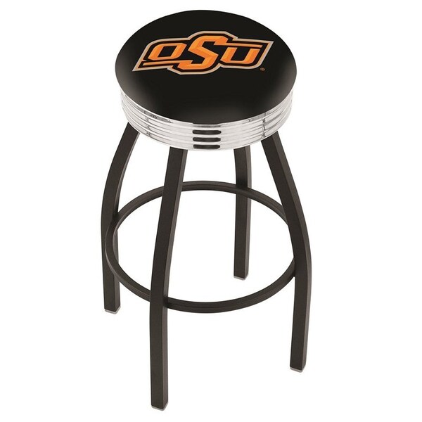 25" Blk Wrinkle Oklahoma State Swivel Bar Stool, Chrome Ring