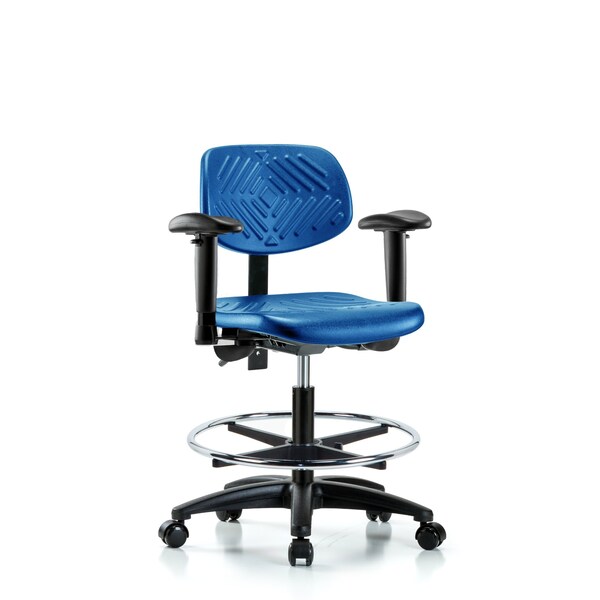 Poly Chair, Med Bench, Arms, Foot Ring, Casters, Blue