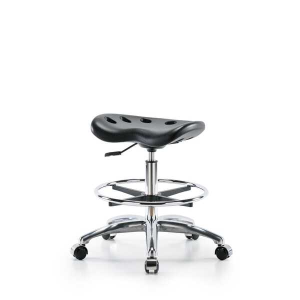 Poly Tractor Stool Chrome, Med Bench, Foot Ring, Chrome Casters, Black