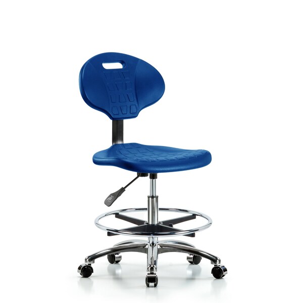 Erie Poly Chair Chrome, Med Bench, Foot Ring, Chrome Casters, Blue