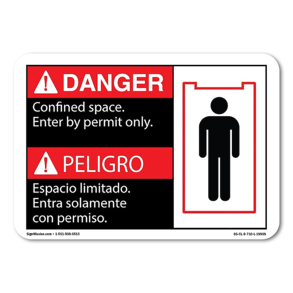 OSHA Confined Space Enter By Permit Only, Bilingual 12in X 18in Plastic Sign, 18" H, 12" W, Lndscp