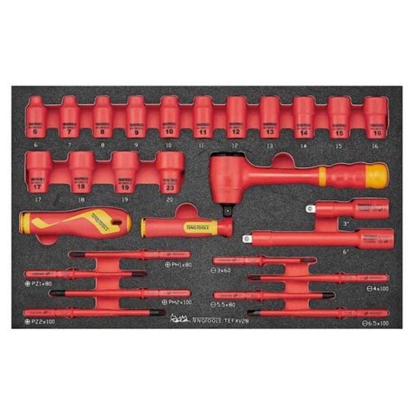 28 Piece 1000 Volt Insulated 3/8 Inch Drive 6 Point Shallow Socket, Extension Bar