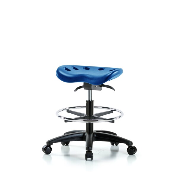 Poly Tractor Sit-Stand Stool, Med Bench, Foot Ring, Chrome Casters, Blue
