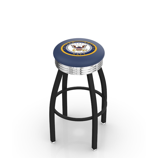 25" Blk Wrinkle U.S. Navy Swivel Bar Stool, Chrome Ring