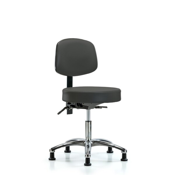 Desk Stool, Vinyl, Bk, Chrome, Glides, Gry