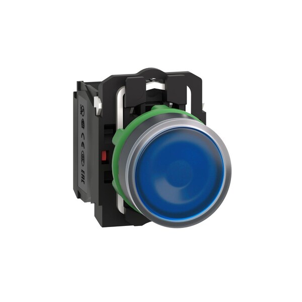 Illuminated push button, Harmony XB5, plastic, blue flush, 22mm, universal LED, plain lens, 1NO + 1NC, 110.120V AC