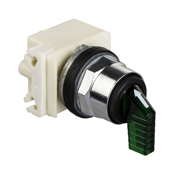 Illuminated selector switch head, Harmony 9001K, metal, long handle, green, 30mm, 2 positions, stay put, LED green, 24-28V