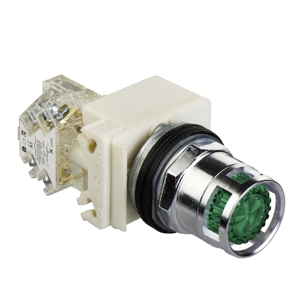 Illuminated push-button head, Harmony 9001K, metal, metal guard flush, green, 30mm, spring return, LED green, 24-28V