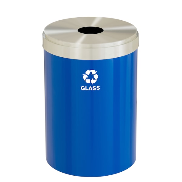 33 gal Round Recycling Bin, Blue/Satin Aluminum