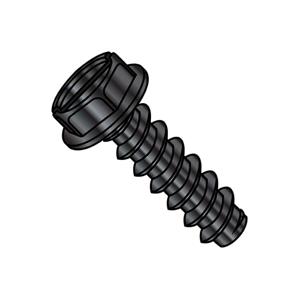 Sheet Metal Screw, #6-20 x 3/8 in, Black Oxide Steel Flange Hex Head Slotted Drive, 10000 PK