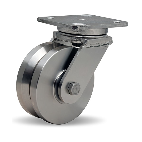 Stainless Steel Workhorse Swivel Caster, 5" x 2" Stainless Steel V-Grooved Wheel, 3/4" Delrin Bearing