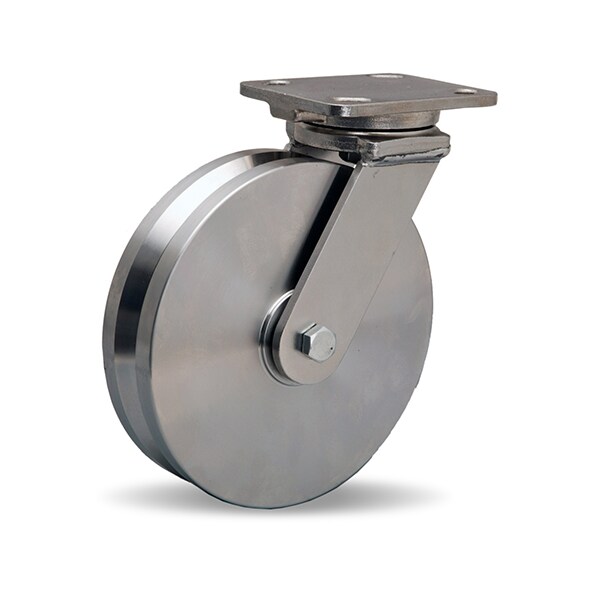 Stainless Steel Workhorse Swivel Caster, 8" x 2" Stainless Steel V-Grooved Wheel, 3/4" Delrin Bearing