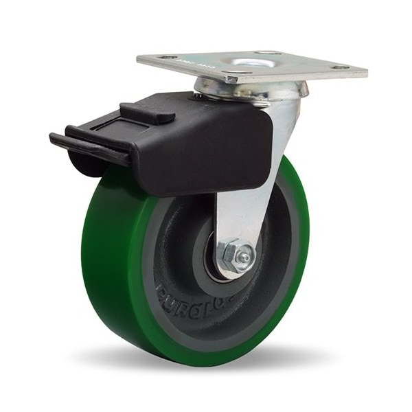 Combination Brake Swivel Caster, 6" x 2" Duralast Polyurethane (95A) on Cast Iron Wheel