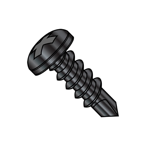Self-Drilling Screw, 1/4"-14 x 1-1/4 in, Black Oxide Steel Pan Head Phillips Drive, 1000 PK