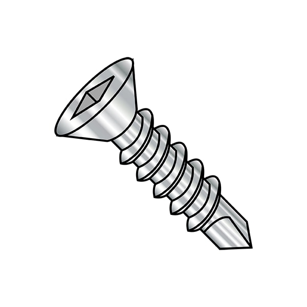 Self-Drilling Screw, #8-18 x 3/4 in, Plain 410 Stainless Steel Flat Head Square Drive, 4500 PK