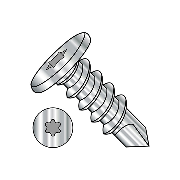 Self-Drilling Screw, 1/4"-14 x 1 in, Plain 410 Stainless Steel Pancake Head Torx Drive, 400 PK