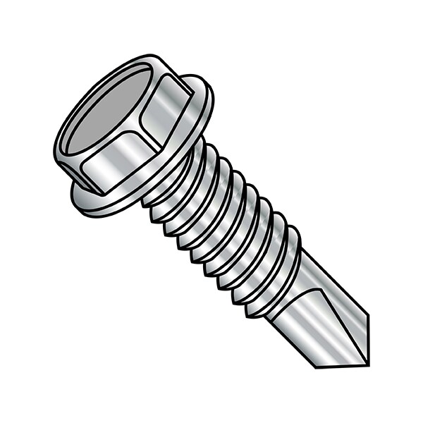 Self-Drilling Screw, #12-24 x 3/4 in, Plain 18-8 Stainless Steel Flange Hex Head External Hex Drive