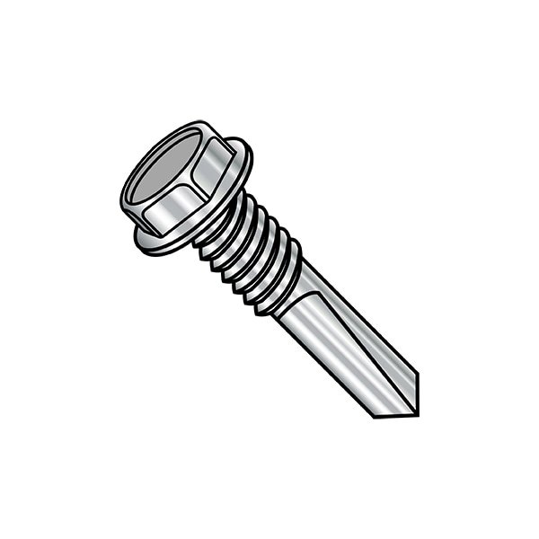 Self-Drilling Screw, #12-24 x 1-1/2 in, Plain Finish, 1000 PK Flange Hex Head External Hex Drive