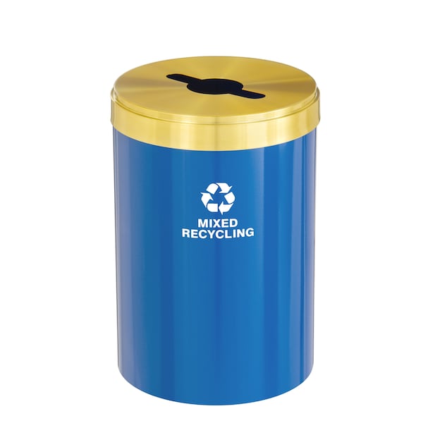 33 gal Round Recycling Bin, Blue/Satin Brass