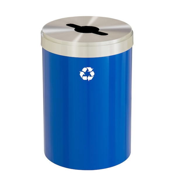 33 gal Round Recycling Bin, Blue/Satin Aluminum