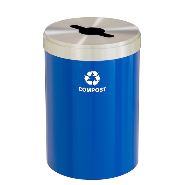 33 gal Round Recycling Bin, Blue/Satin Aluminum