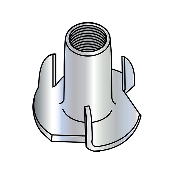 T-Nut, 3 Prongs, 1/4"-20, Steel, Zinc Plated, 0.305 in Barrel Dia, 1/2 in Barrel Ht, 2000 PK