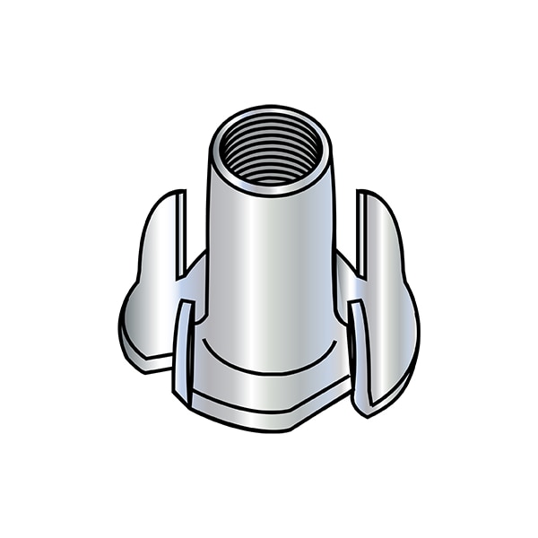 T-Nut, 4 Prongs, 1/4"-20, Steel, Zinc Plated, 0.305 in Barrel Dia, 5/16 in Barrel Ht, 2000 PK