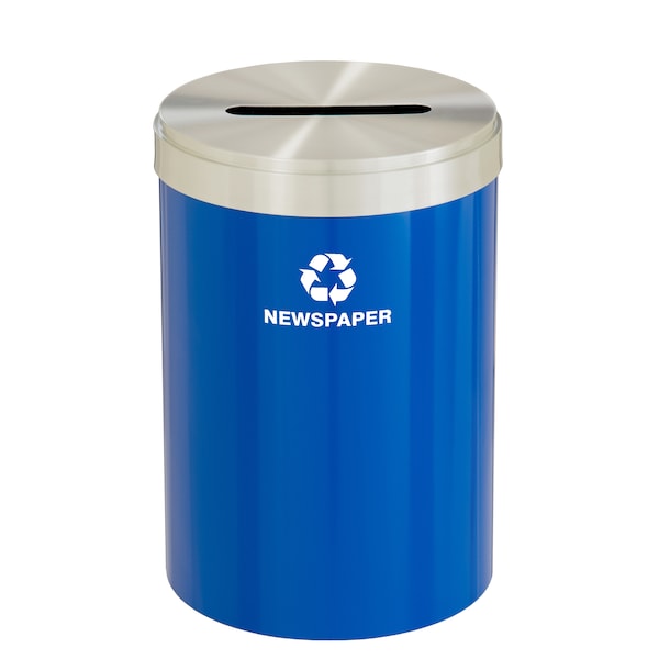 33 gal Round Recycling Bin, Blue/Satin Aluminum