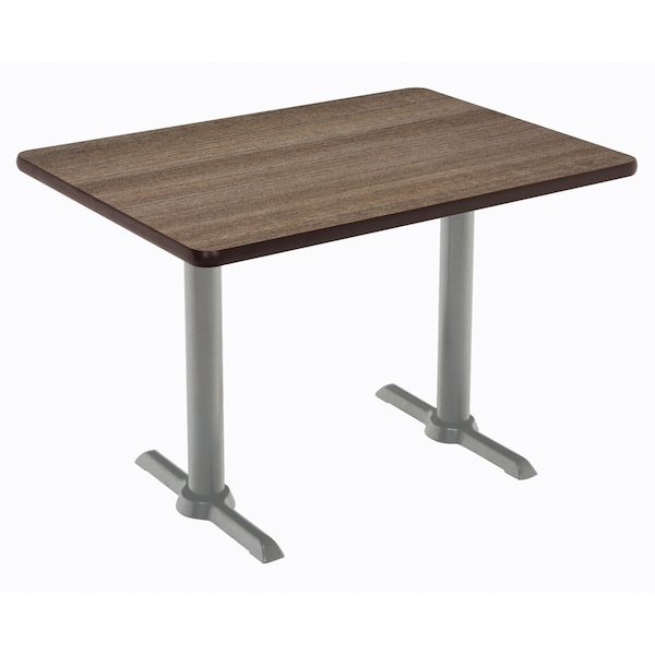 Rectangle KFI Mode 30" x 60" Conference Table, Studio Teak Finish, Silver T-leg Base, Bistro Height