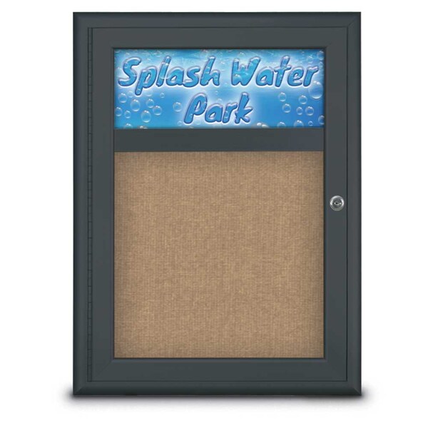 Single Door Radius Corkboard With Header, UV8010-BLACK-BUFF