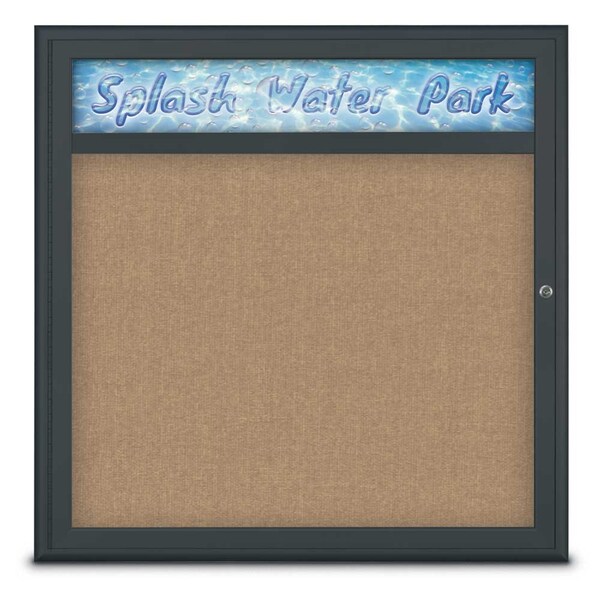 Single Door Radius Corkboard With Header, UV8012-BLACK-BUFF