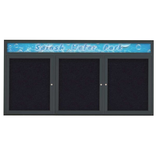 Triple Door Radius Corkboard With Header, UV8015-BLACK-RUBBER