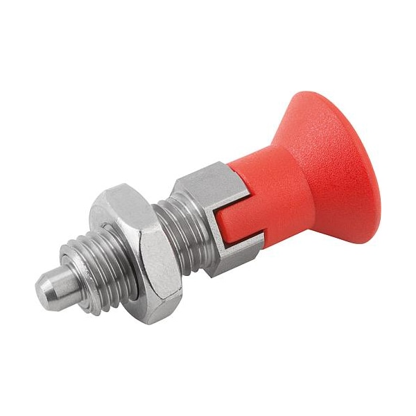 Indexing Plunger Red D1= M16X1, 5, D=8, Style D, Lockout Type w Locknut, Stainless Steel Not Hardened