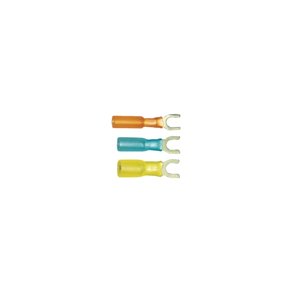 Fork Terminal, #10 Stud Size, 10 AWG, 600 V, Heat Shrink Insulated, Yellow, 100 PK