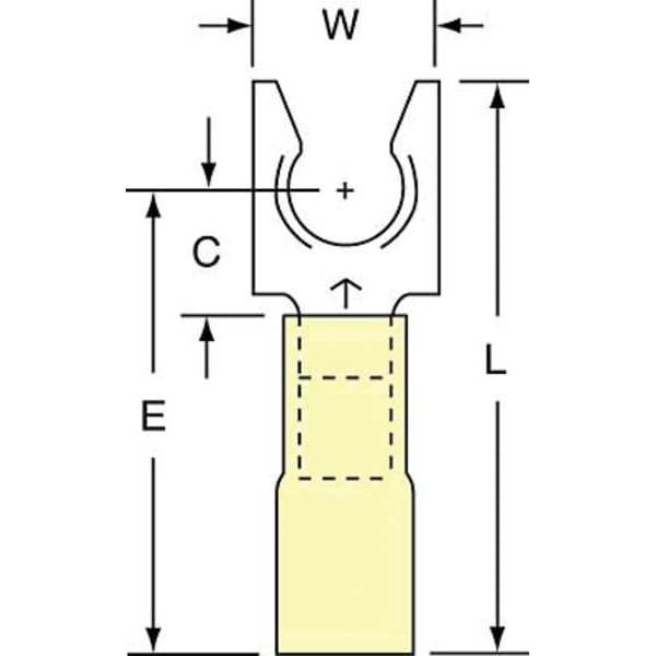 Fork Terminal, 1/4 in Stud Size, 10 AWG, 600 V, Heat Shrink Insulated, Yellow, 250 PK