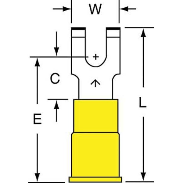Fork Terminal, #6 Stud Size, 10 AWG, 600 V, Vinyl Insulated, Yellow, Crimp Termination Only, 500 PK
