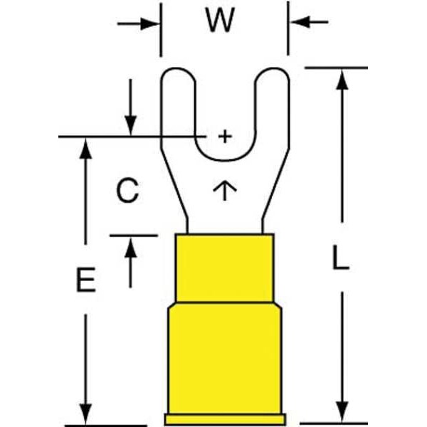 Fork Terminal, #8 Stud Size, 10 AWG, 600 V, Vinyl Insulated, Yellow, Crimp Termination Only, 500 PK