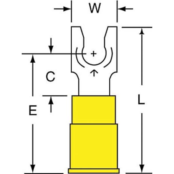 Fork Terminal, #8 Stud Size, 10 AWG, 600 V, Vinyl Insulated, Yellow, Crimp Termination Only, 500 PK