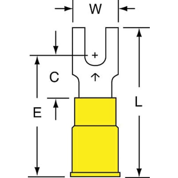 Fork Terminal, #6 Stud Size, 10 AWG, 600 V, Vinyl Insulated, Yellow, Crimp Termination Only, 500 PK