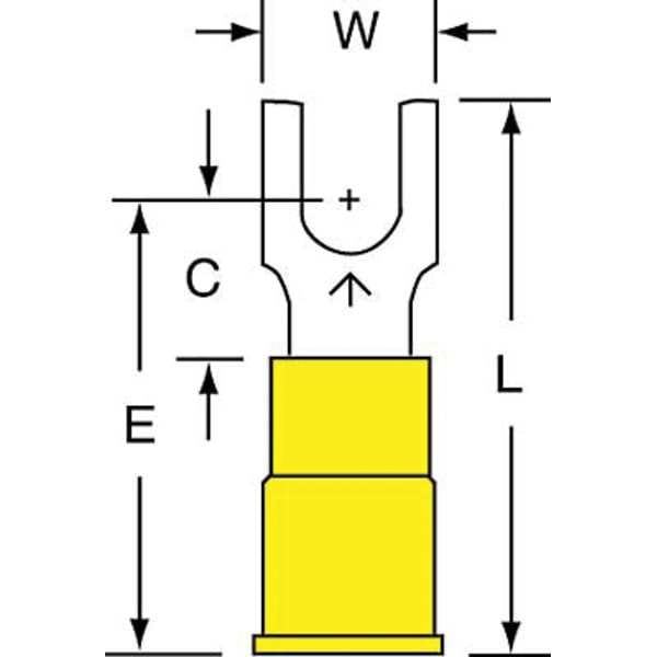 Fork Terminal, #10 Stud Size, 10 AWG, 600 V, Vinyl Insulated, Yellow, Crimp Termination Only