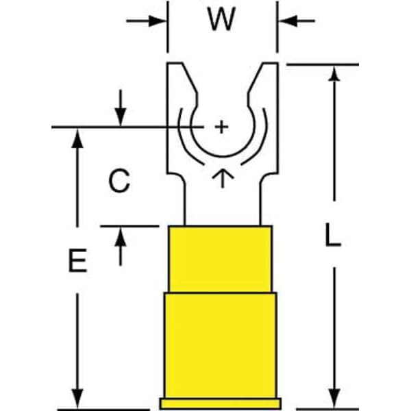 Fork Terminal, #10 Stud Size, 10 AWG, 600 V, Vinyl Insulated, Yellow, Crimp Termination Only