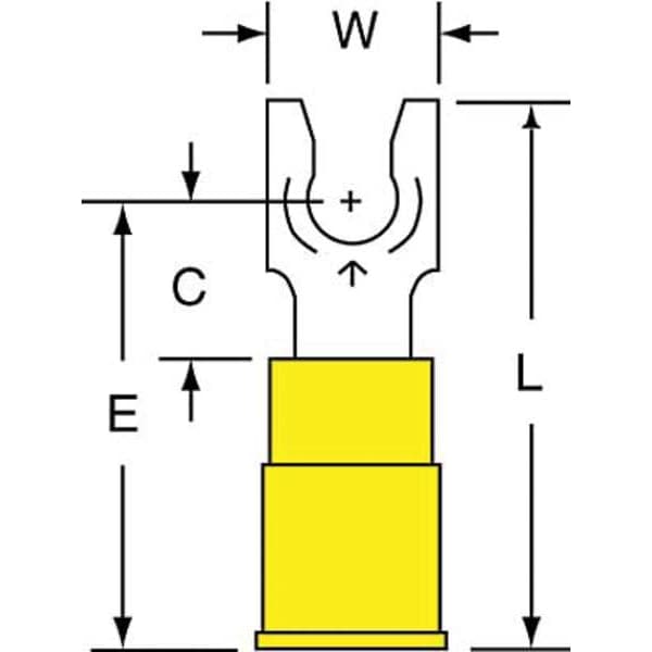 Fork Terminal, #8 Stud Size, 10 AWG, 600 V, Vinyl Insulated, Yellow, Crimp Termination Only, 500 PK
