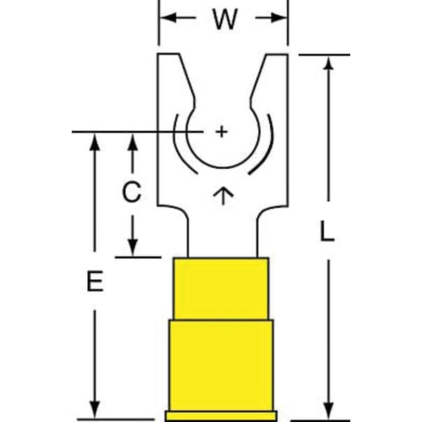 Fork Terminal, 1/4 in Stud Size, 10 AWG, 600 V, Vinyl Insulated, Yellow, Crimp Termination Only