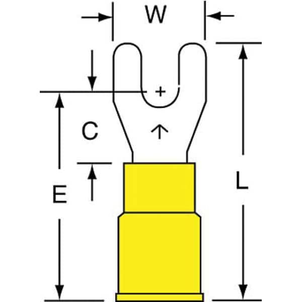 Fork Terminal, #6 Stud Size, 10 AWG, 600 V, Vinyl Insulated, Yellow, Crimp Termination Only, 500 PK