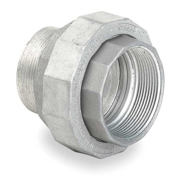 Straight Union - Conduit to Box Union, 1 1/2 in, Threaded, Iron, Zinc Plated, Glossy gray