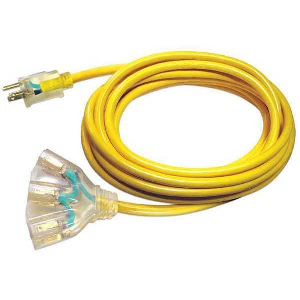SJTW Extension Cord, 14 AWG, Outdoor, 14/3, 3 Outlets, 5-15R, Yellow, PVC, 5-15P, 25 ft