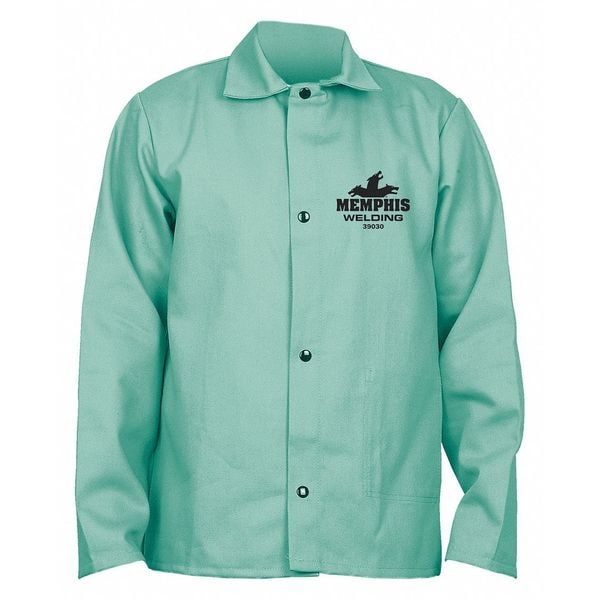 Welding Jacket, Excel FR, 9 oz, 74 in Length, Snaps Closure, Green, 3XL