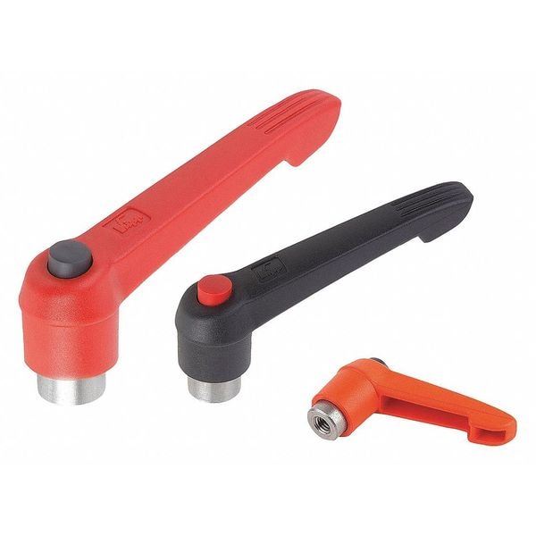 Adjustable Handle w Push Button, Sz: 4, 1/2-13, Plastic Black, Comp: Stainless Steel, Button: Red