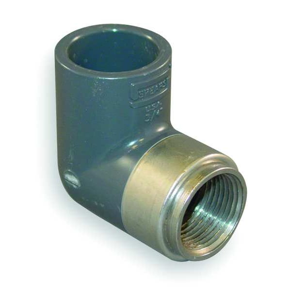 PVC, Stainless Steel Elbow, 90 Degrees, Short Sweep, FNPT x Socket, 3/4 in x 1/2 in Pipe Size
