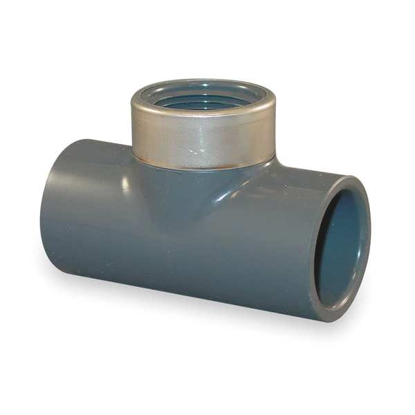 PVC, Stainless Steel Tee, Socket x Socket x FNPT, 1 1/2 in x 1 in Pipe Size